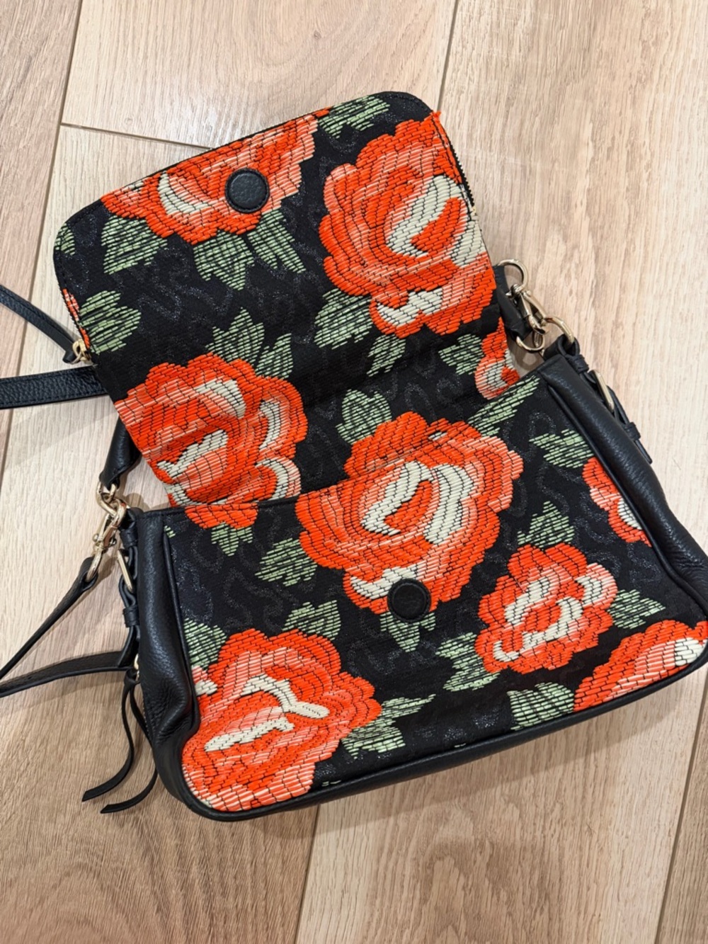 Kate Spade NY Hudson Black Leather Shoulder Bag with Org/red Floral Needlepoint - Picture 3 of 3